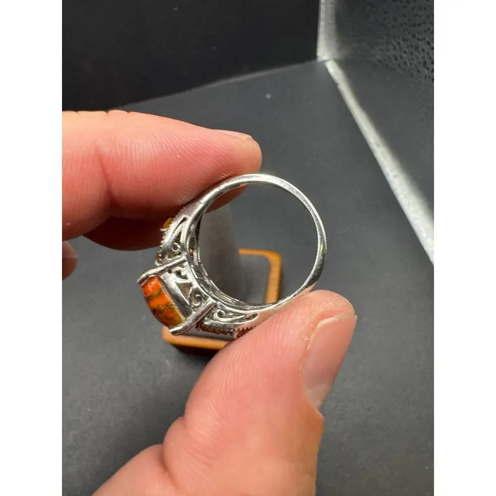 STS Spiny Oyster Cabochon & Citrine Gemstone Sterling Silver 925 Ring Size 9.75